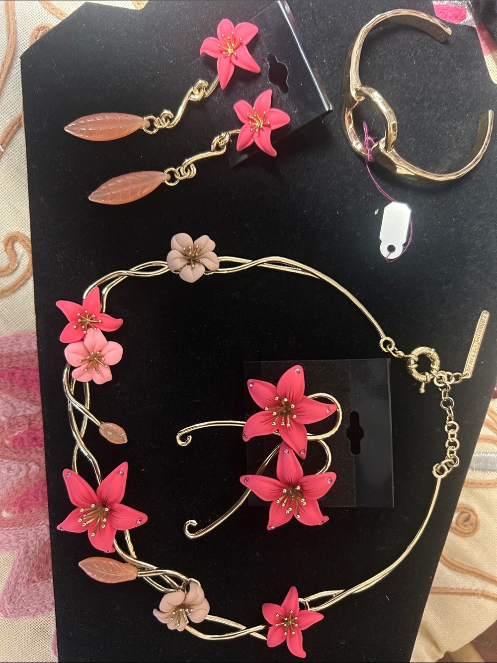 Floral Rebecca Minkoff Pink Gold-Tone Necklace and Earring Set